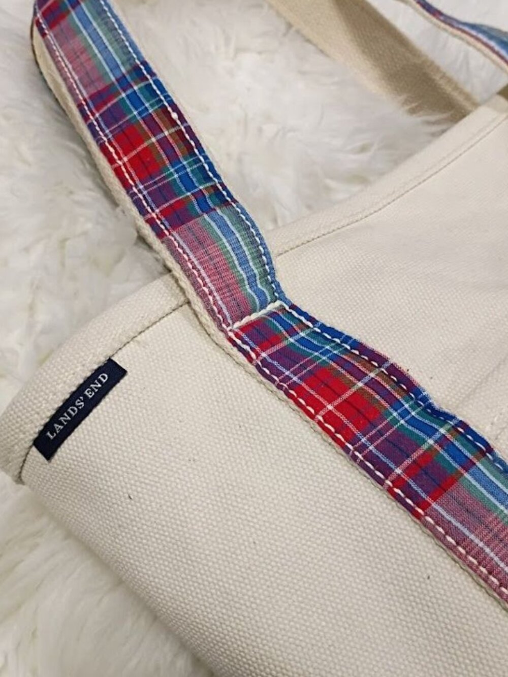 Lands End Tote Canvas Plaid Straps Cream Navy Large - Picture 2 of 10